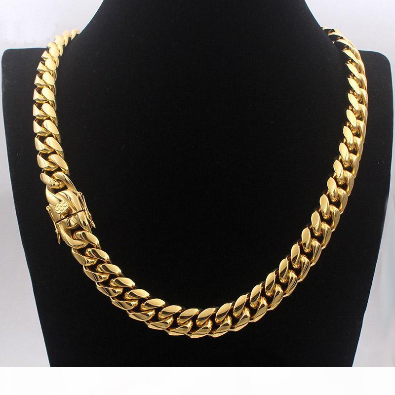 

Men Cuban Chain Necklace Stainless Steel Jewelry High Polished Hip Hop Curb Link Double Safety Clasps 18K Stamped 14mm from 18inch to 30inch