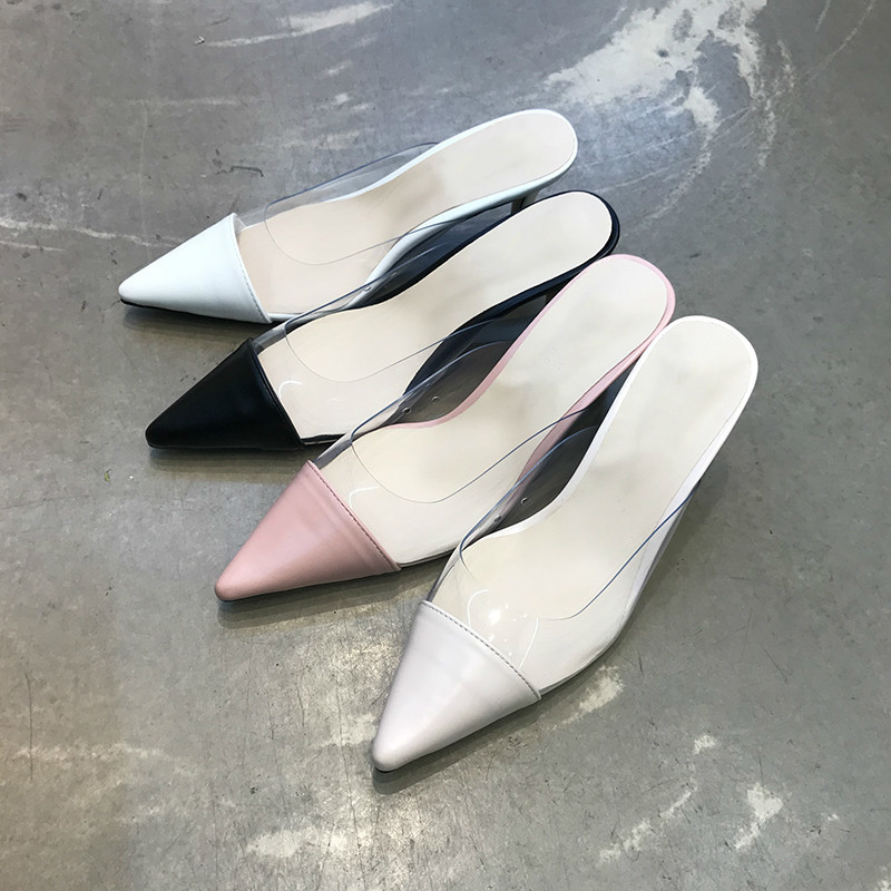 

2021 New Pointed Half Women's Spring Matching Color Heeled Transparent Heels Wear Slippers Outside Ampj, White
