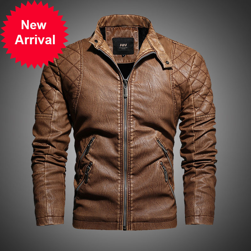 

New arrival in the spring from men' vintage leather jacket plus size M-4XL turtleneck male chaquette hombre, Black fk152