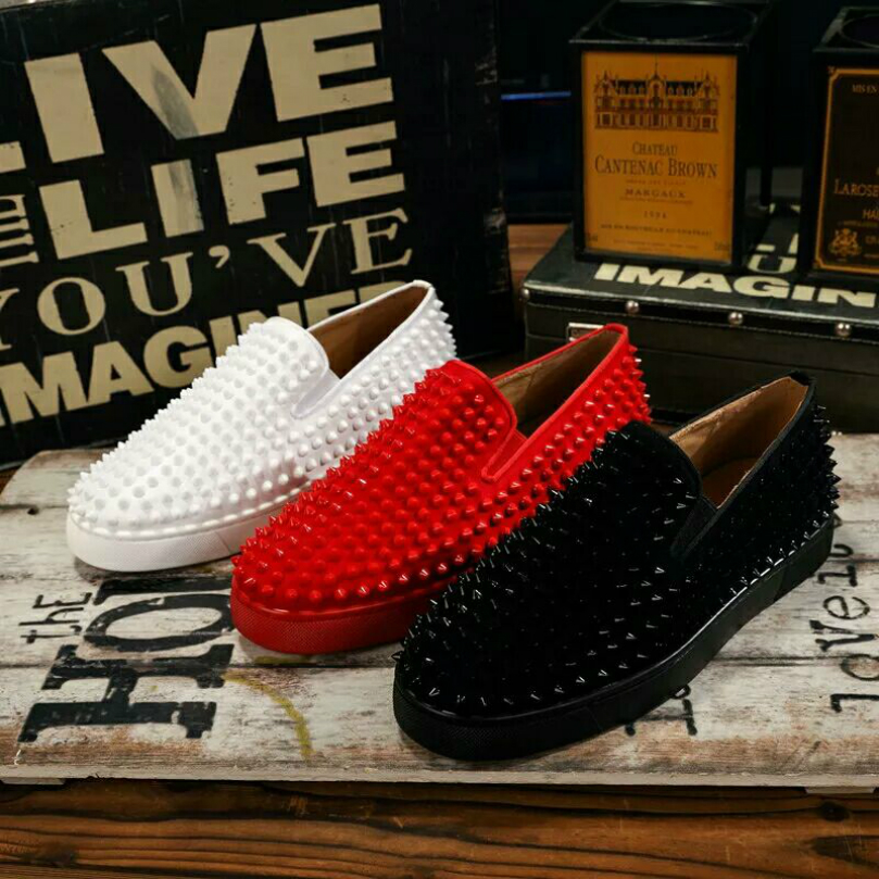 

2019 Red Bottom Loafers For Men Women Genuine Leather Slip On Platform Casual Sneakers Spikes Wedding Party Flats Men Shoes 24, Black