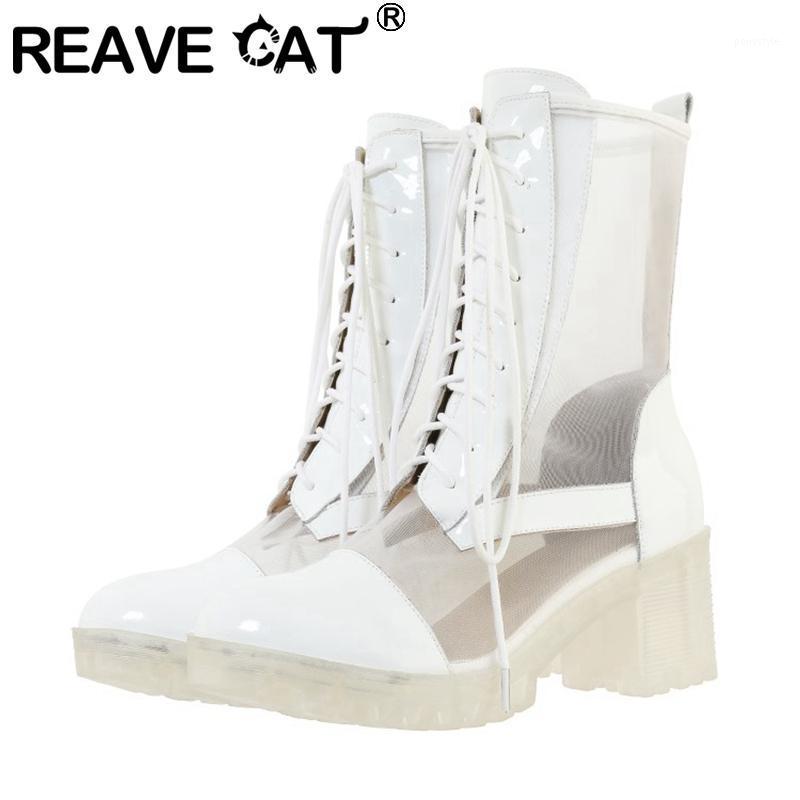 

REAVE CAT 2021 New Women Boots Round Toe 6cm Square Heels Transparent Patent Leather Mesh Stylish Lace-Up Soft Summer A33631, Black