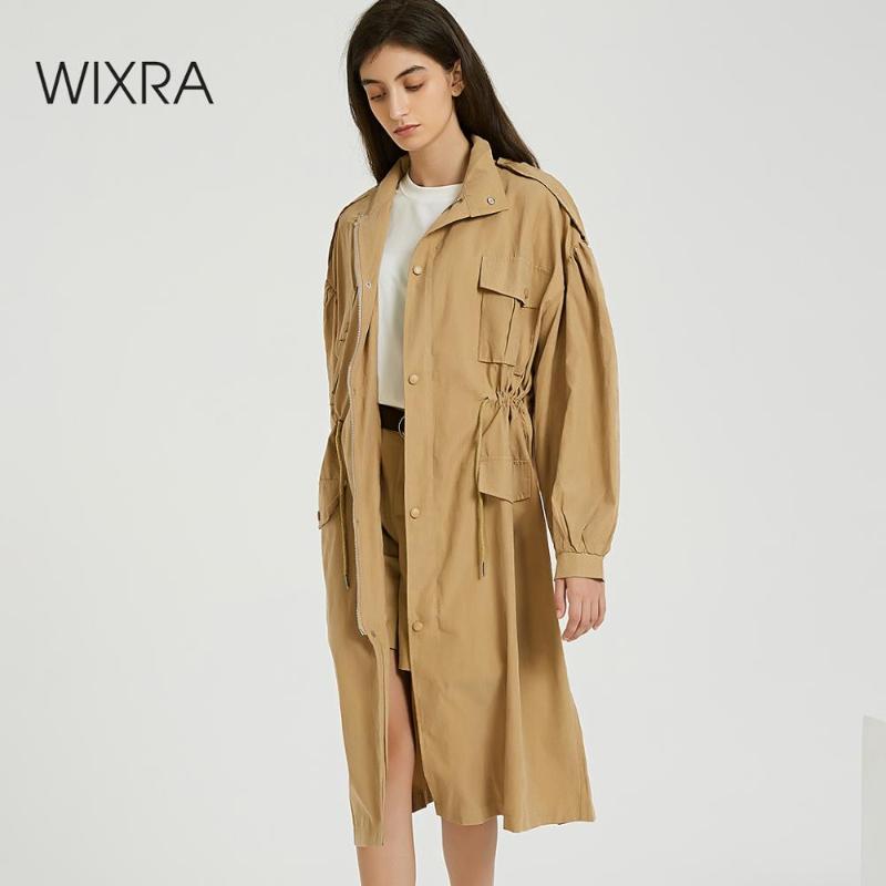 

Wixra Women Spring Autumn New Solid Trench Coat long Outerwear loose clothes for lady with belt Casual Outerwear, Khaki