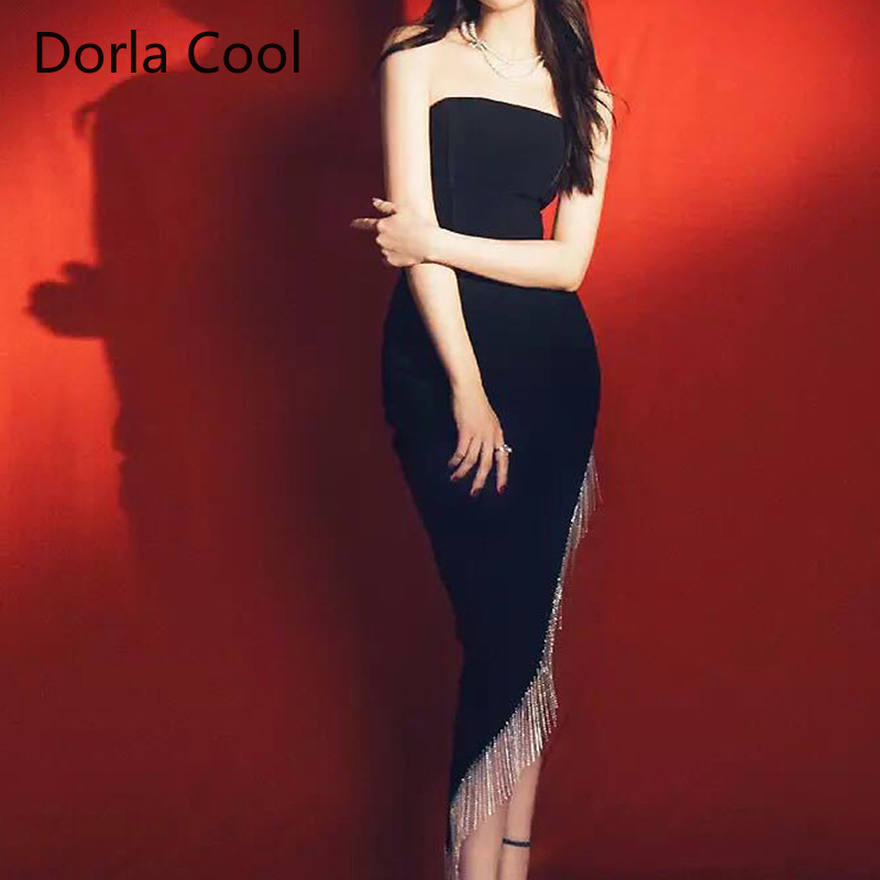 

High Quality Female Sexy Clue Strapless Divided Irregular Party Dress Luxury Chain Diamonds Black Designer 9nl4