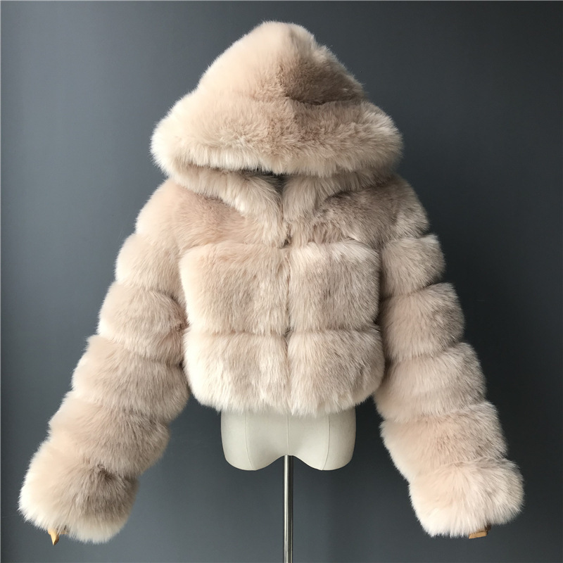 

Bomber Jacket short hooded faux fur coat imitation fox hair long sleeve Beautiful Quality Luxurious overcoat stitching female coats, Pink