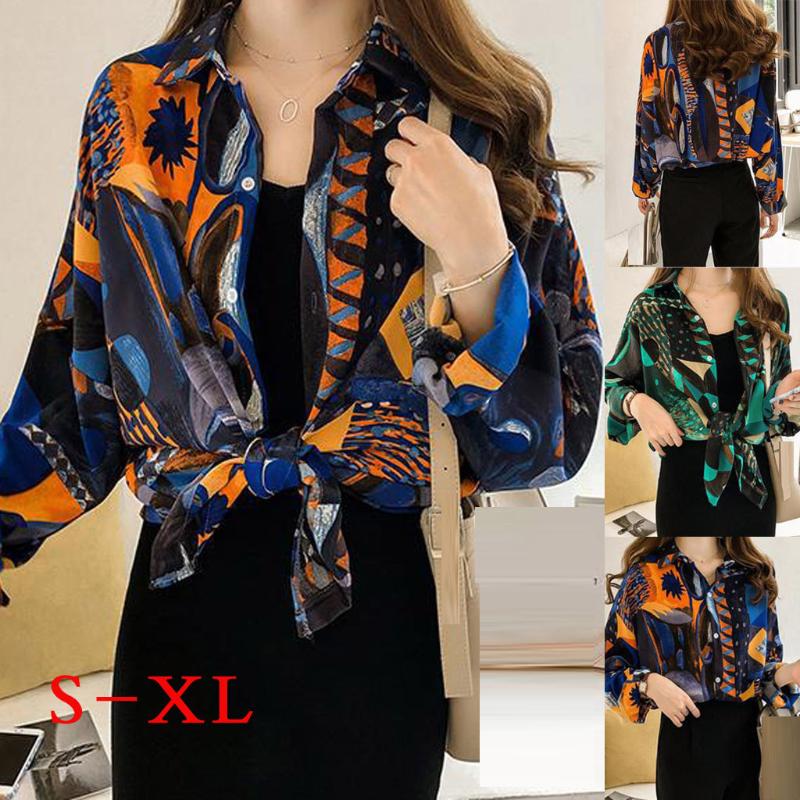

Women' Long Sleeve Printed Turn-down Collar Loose Top Button Long Shirts 2020 Oversized Summer Shirts blusas mujer de moda, Blue