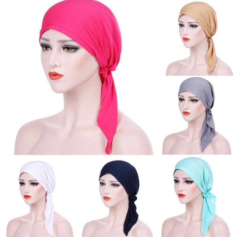 

Beanie/Skull Caps Women India Hat Muslim Ruffle Cancer Chemo Beanie Scarf Turban Two Tail Wrap Cap Cotton Solid Women' S Harajuku #82230, White
