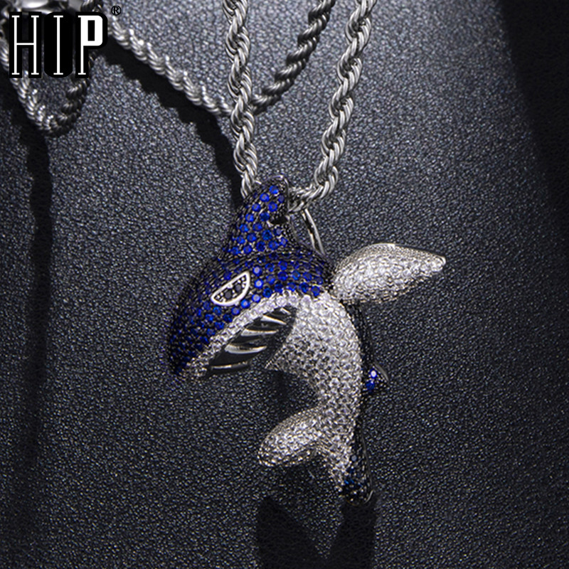 

Hip Hop Bling Shiny Iced Out Micro Paved CZ Blue Shark Shape Necklaces & Pendants For Men Rapper Jewelry With Tennis Chain 201014