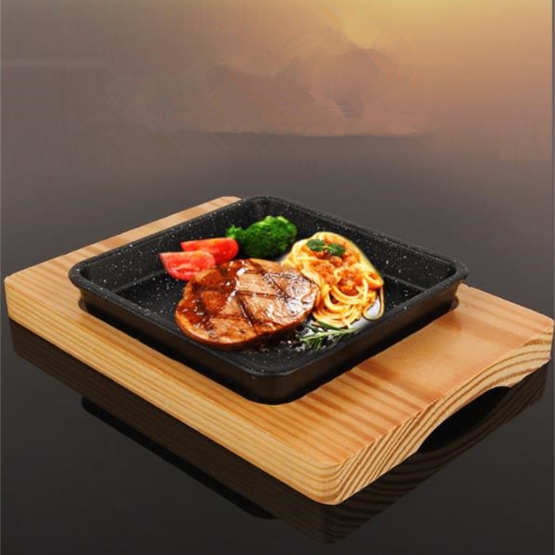 

2021 New Non-stick Grill Iron Plate Cooking Holder Steak Frying Pan with Wooden Tray Kitchen Cookware N9e6