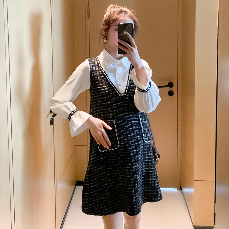 

Maternity Autumn Sweet Pregnant Women Dress Pockets Plus Size Woolen Patchwork Flare Sleeve A-Line Dress Maternity Work Dresses, Black