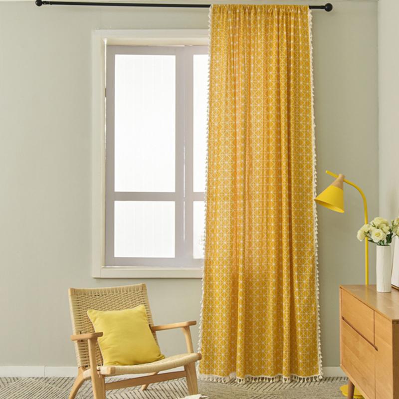 

Living Room With Tassels Country Style Bedroom Darkening Curtain Panel Checkered Hanging Geometric Print Window Yellow Shading, Rod