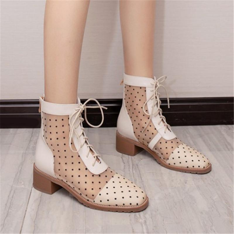 

PXELENA Retro Polka Dot Air Mesh Ankle Boots Women Chunky Square Med Heels Spring Autumn Shoes Lace Up 2020 Lady Daily Plus Size, Black