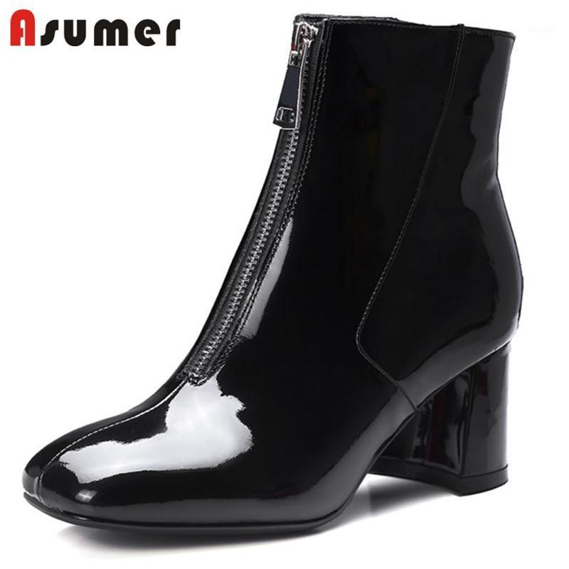 

ASUMER 2020 hot sale square toe ankle boots for women sexy adult winter boots fashion simple thick heels genuine leather1, Red not fur