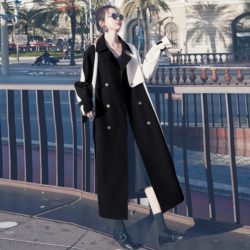 

2021 New Women' Coat Spring Autumn Korean Loose Color Matching Windbreaker Jacket Double Breasted Lapel Long Overcoat Y566 C69f, Black