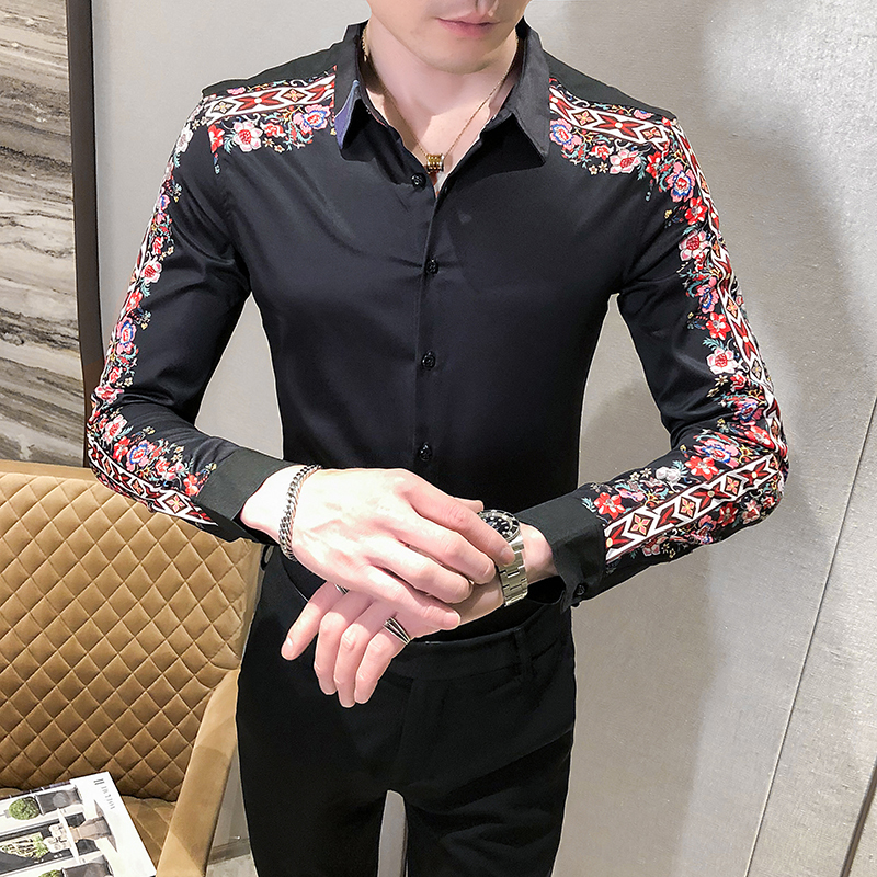 

2020 Splice Flower Mode Shirt Male Spring New Pattern Long Sleeve Thin Fit Club Shirts Homme C3se, White