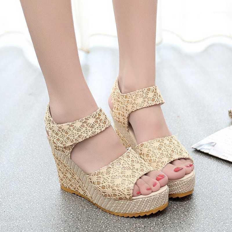 

Women Sandals 2020 New Summer Fashion Lace Hollow Gladiator Wedges Shoes Woman Slides Peep Toe Hook & Loop Solid Lady Casual1