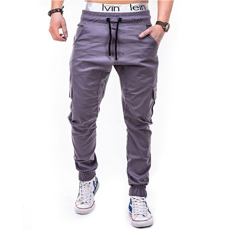 

Cross-border foreign trade spring and autumn new style men's personality solid color multi-pocket tether belt mid-waist fitness casual pants, Black