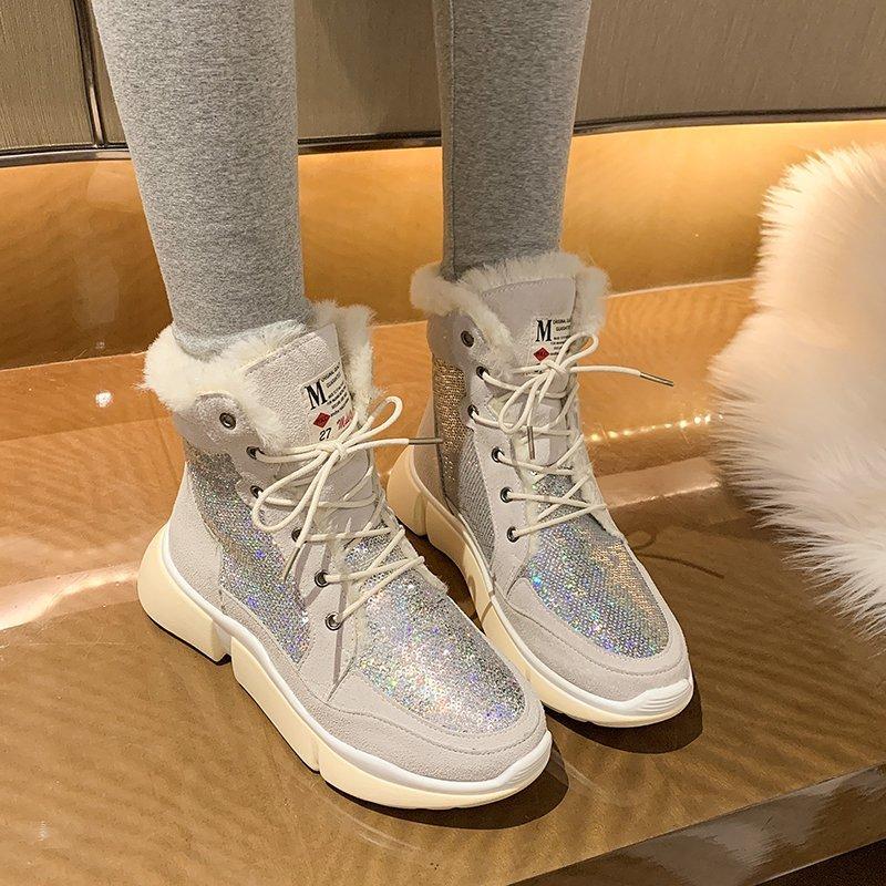 

2020 Women Fashion Ankle Boots Winter Crystal Boots Female Brand for Lady Warm Shoes for Grils Thick Sole, Beige