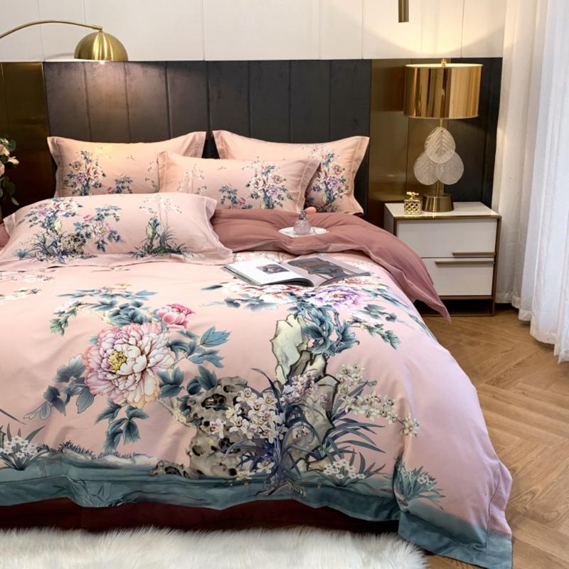 

Eastern Classical bedding set 100% Egyptian cotton bedlinen Floral print pastoral duvet cover queen king size hometexitle, As pic