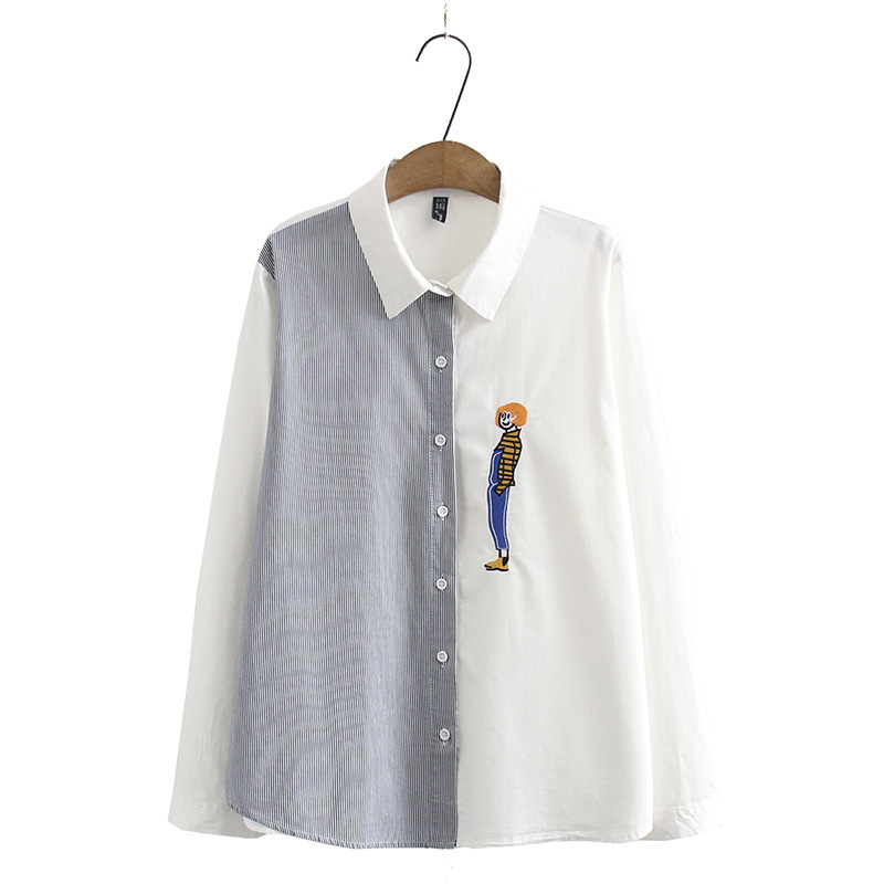 

Size Xl-4xl Plus White Blouse with Long Sleeves Female Stripes Nice Embroidery Ol Tops 0xaj