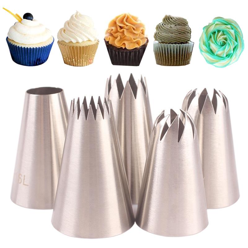 

Hot 5pcs/Set Stainless Steel Silver Decorating Tip Sets Large Icing Piping Pastry Nozzle Tips Baking Cakes Decoration Tools