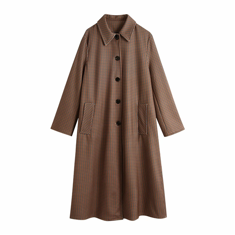 

2021 New Do Vintage Xadrez Tweed Moda Senhora Oversized Streetwear Feminino Elegante Bolso Solto Longo Casaco Menina Qkde, Brown