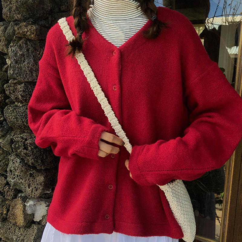 

Single Breasted Knitted Jumpers Women V-Neck Long Sleeve Casual Autumn Sweater Warm Loose Cardigans Outwear Vintage Black W224