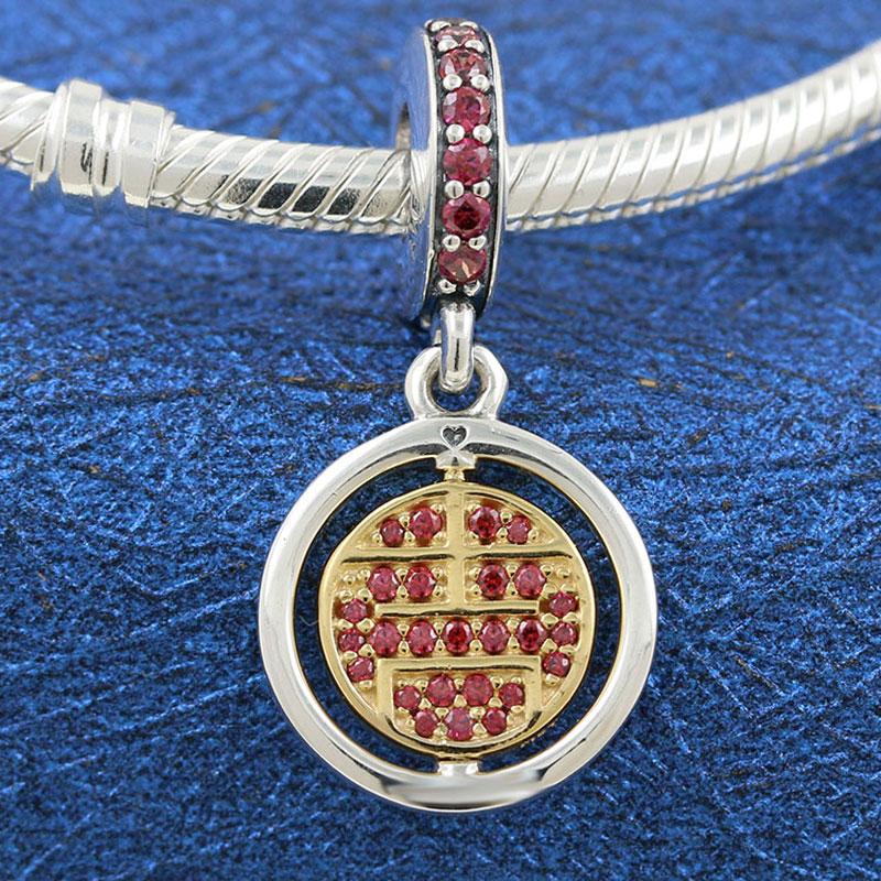 

925 Sterling Silver Club Red Pave Disc Dangle Pendant Charm Bead Fits European Style Jewelry Charm Bracelets