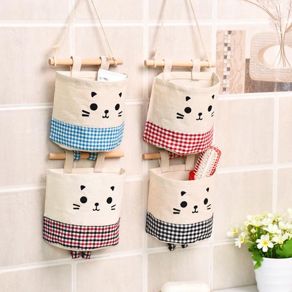 

13.5*15cm Kawaii Cartoon cat Multi-layer fabric Wall Jewelry Organizer Closet Door Storage Bag Hanging Decoration For Home