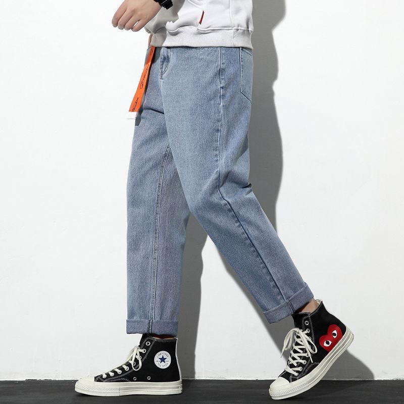 

Men's Jeans Loose Wide-leg Men Denim Cropped Trousers Hiphop Belt Design Youth Casual Straight-leg Pants Four Seasons Fashion Overalls, Blue