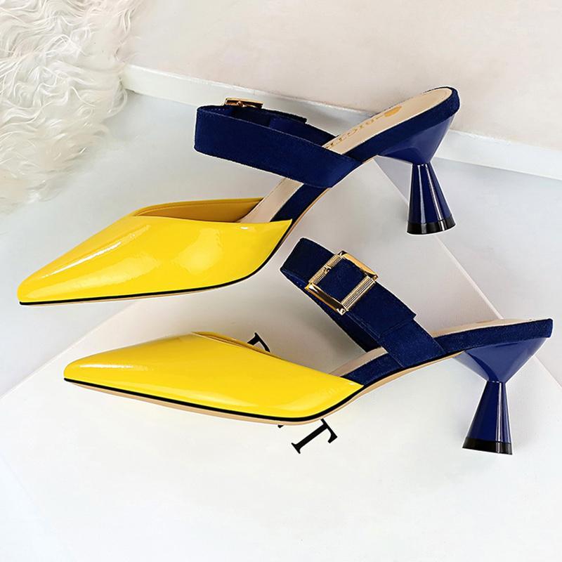 

2020 Style Summer Women 6cm Low High Heels Mules Shales Slides Casual Yellow Strange Heels Slippers Sexy Fashion Green Shoes1, Beige