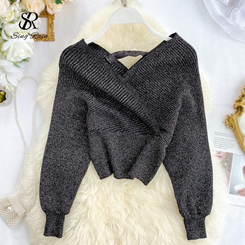 

SINGRAIN Women Shiny Lurex Sweater V-Neck Long Puff sleeves Knit Tops Off the shoulder Sexy Elastic Waist Knitted Blouse Sweater 201111, Coffee