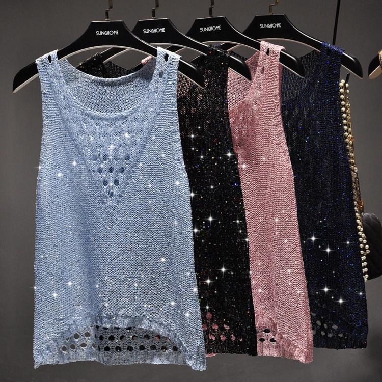 

Summer Shiny Lurex knit Top Women Hollow out Sequined Sleeveless Shirt Bohemian Slim Casual Bling Camisole Tanks Femme QH1970, Black