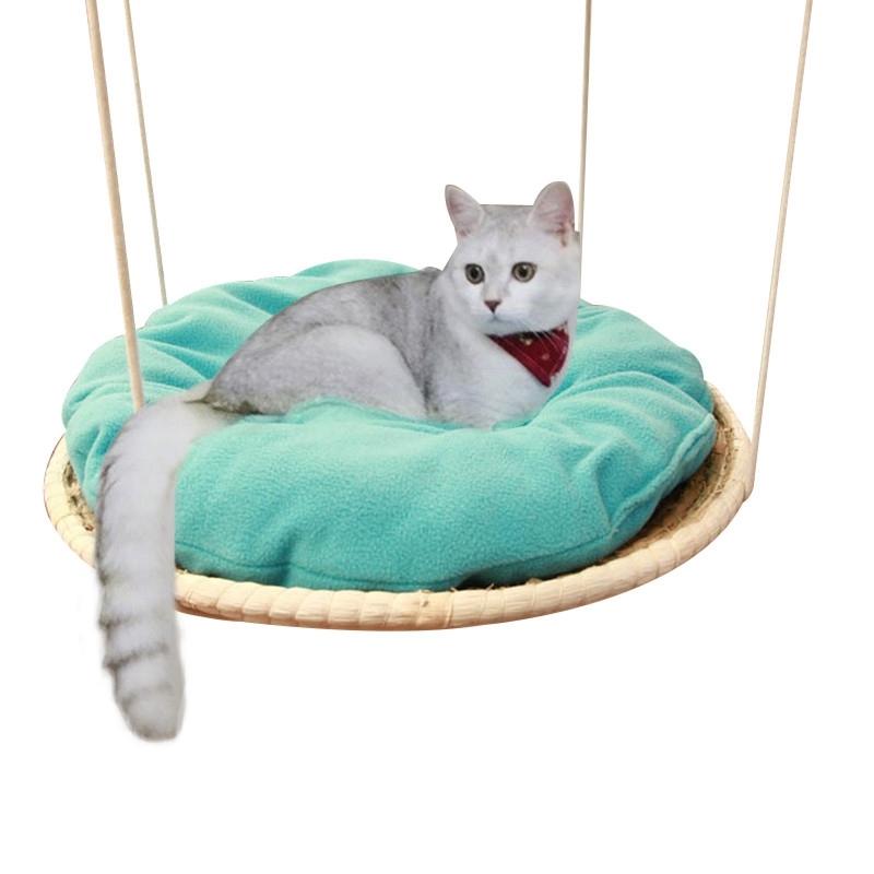 

Hand Knitting Round Cat Hammock Bed Straw and Cotton Cloth Cat Hanging Beds Pet Sunny Seat Dog Comfortable Mats Cushions CW045