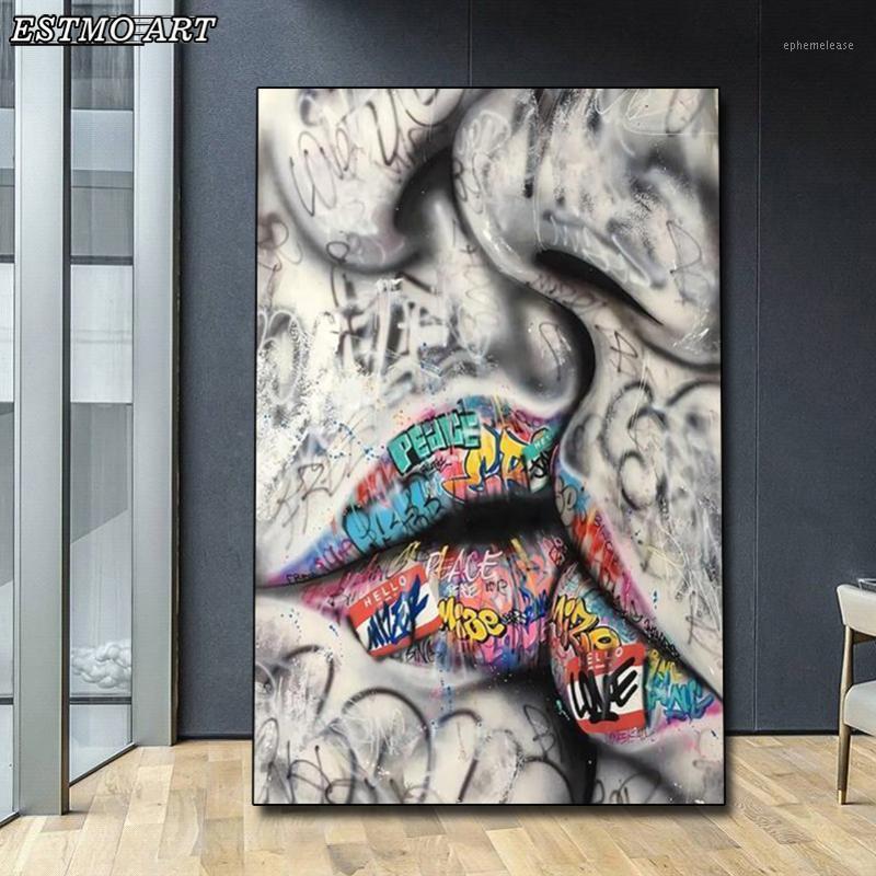

Graffiti Art Canvas Painting Lover Kissing on The Wall Art Posters and Prints Abstract Street Wall Poster Room Decoration1