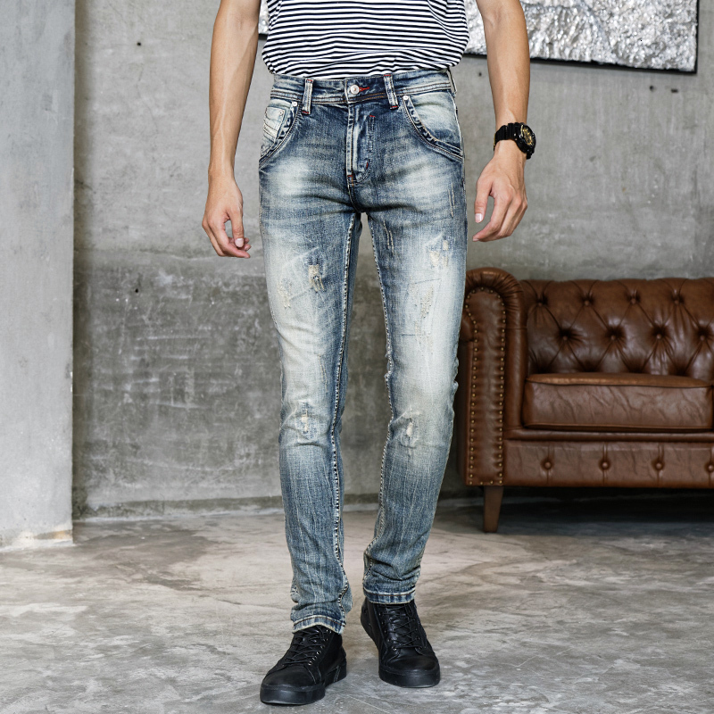 

2021 New Italian Style Fashion Men Jeans High Quality Slim Fit Ripped Denim Pants Hombre Retro Wash Vintage Designer Casual Long Trousers Lz, Retro blue