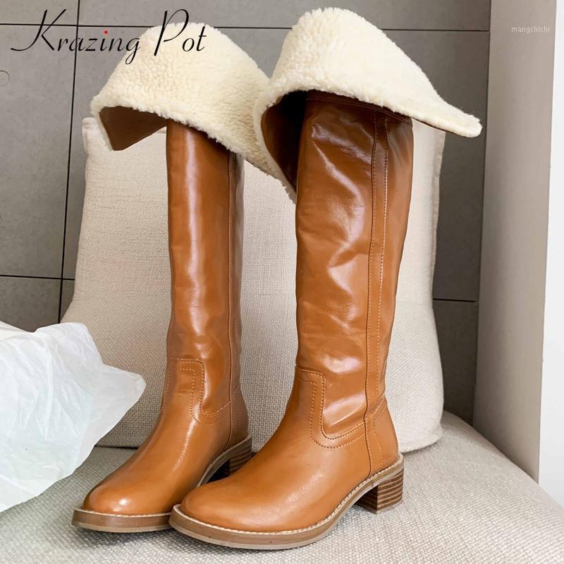 

Krazing Pot riding snow boots cow leather classic colors round toe high heel slip on winter warm fashion over-the-knee boots L501, Black