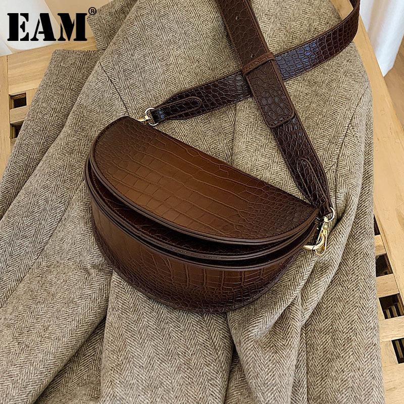 

[EAM] Women New Brown Wide Strap Saddle PU Leather Flap Personality All-match Crossbody Shoulder Bag Fashion Tide 2021 18A1777, Black