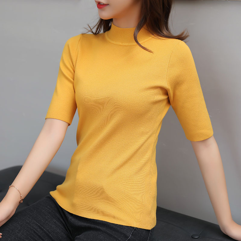 

2021 New Female Knitted Sweater Solid Mock Collar Half Length Women Knit Tops Elegant Women's Clothes Winter US8M, White