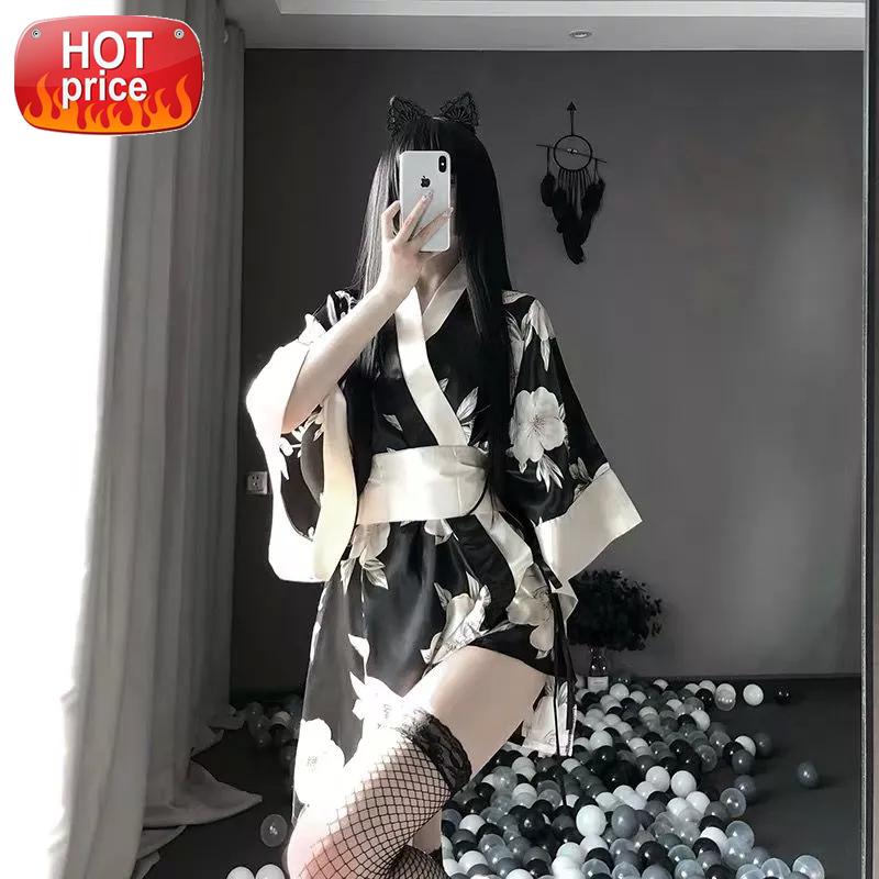 

Sexy Sakura Kimono Lovely Japanese Uniform Robe Floral Bathrobe Short Kimono Robe Night Bathrobe Fashion Dressing Gown for Women #U92x, Black;white