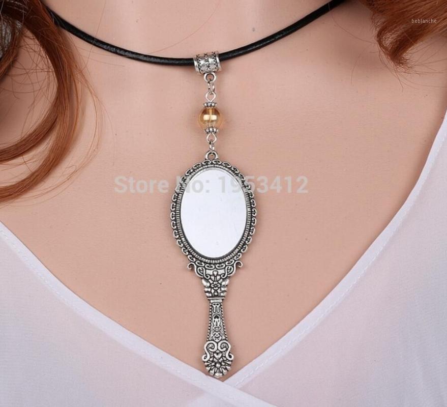 

Pendant Necklaces Magic Mirrors Necklace Makeup Glass Mirror Female Vines Pattern Choker Statement Black Leather For Women Gift1
