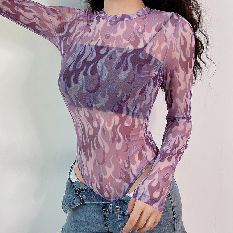 

Sexy net yarn purple flame print bodysuit