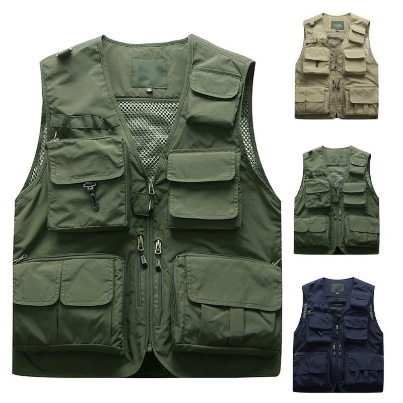 

2021Men Multi-Pocket Classic Waistcoat Male Sleeveless Unloading Solid Coat Work Vest Photographer Tactical Mesh Vest Jacket#35, Kh