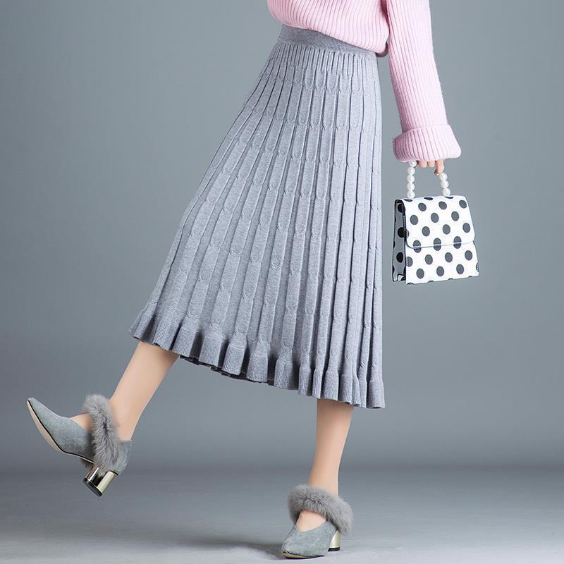 

New Women's 2021 knitted or crocheted fall and winter solid-colored nightgown long-waisted high-waisted femme skirt jupe y322 JIUR, Dark brown.