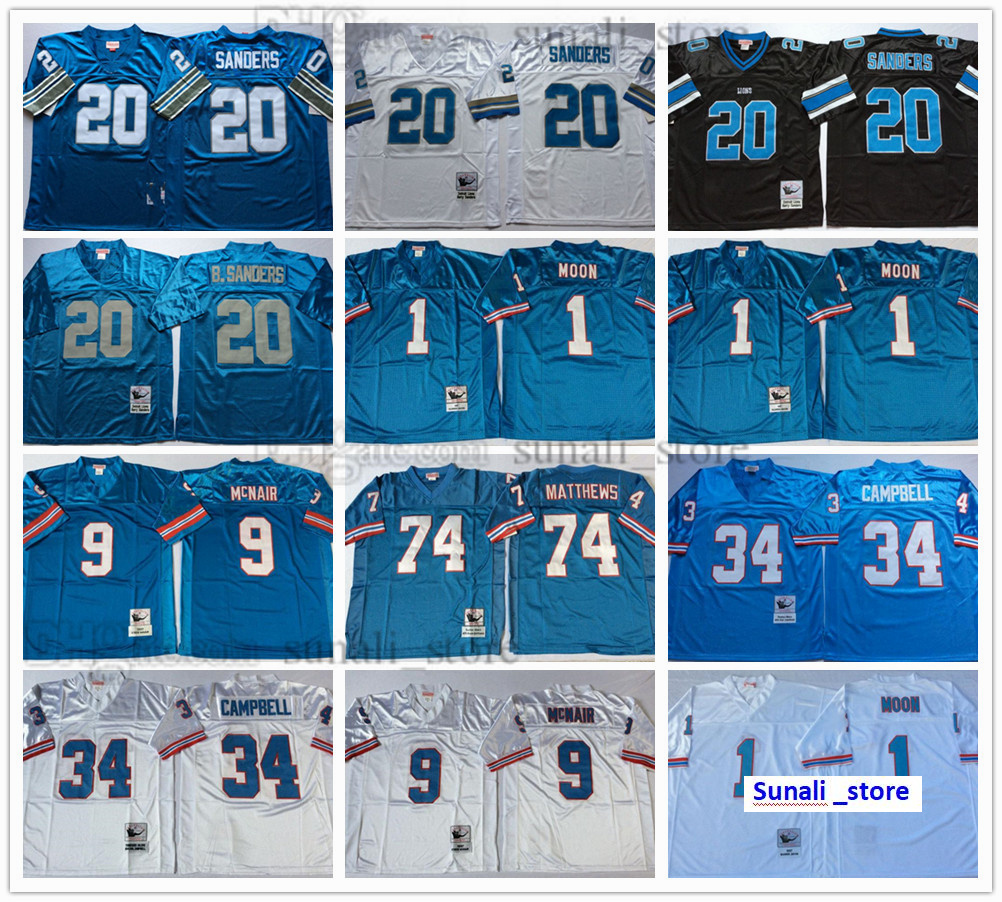 

NCAA Football 20 Barry Sanders Jerseys 1 Warren Moon 9 Steve McNair 34 Earl Campbell 74 Bruce Matthews 78 Curley Culp Team Blue White Black Man Vintage All Stitched