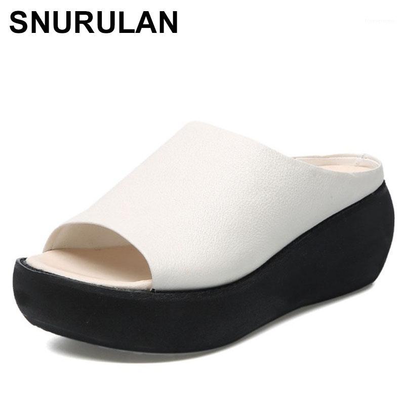 

SNURULAN Summer woman2020 new genuine leather retro handmade ladies beach shoes wedges platform pee toe women leather sandals1, Black