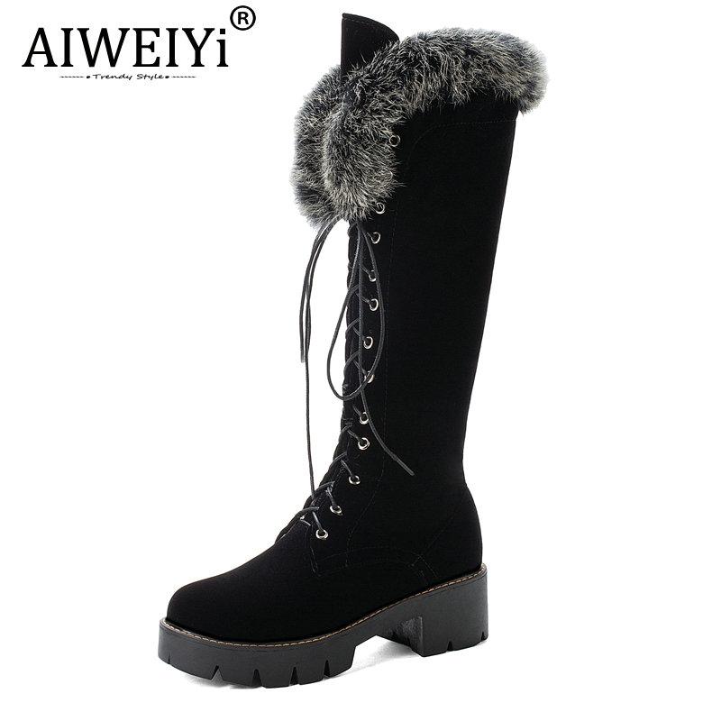 

AIWEIYi Woman Knee High Boots Fur Keep Warm Winter Snow Boots Black Lace Up, Brown