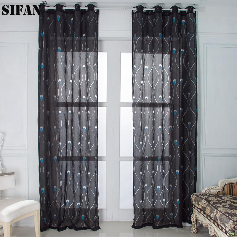 

Black Gray Embroidered Modern Tulle curtains for living room Kitchen Birds feather pattern Voile Curtains for Window Drapes, Color1