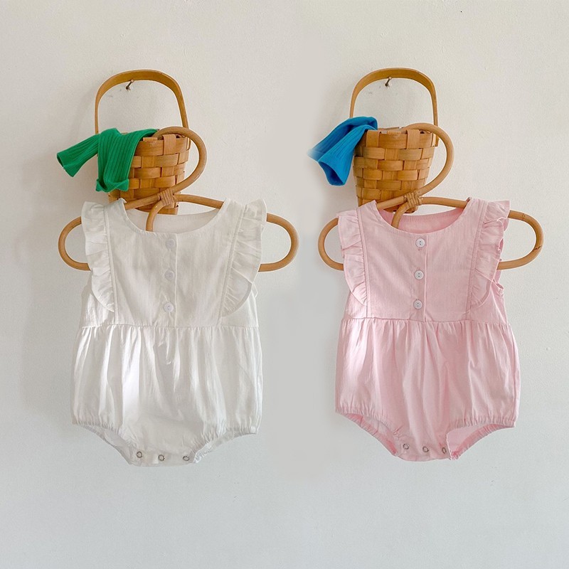 

2021 New Baby Girl Bodysuit Clothes Cotton Summer Fashion Kids Solid Color Clothing Fly Sleeve Princess Jumpsuit Tx1x, 92468pink
