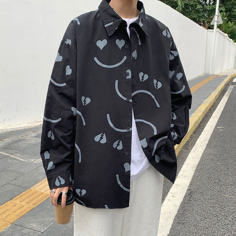 

2021 New Men's Casual Loose Long Sleeve Graphic Printed Tops Harajuku Shirt Streetwear Man Oversized Blouse Gm2n, Gray