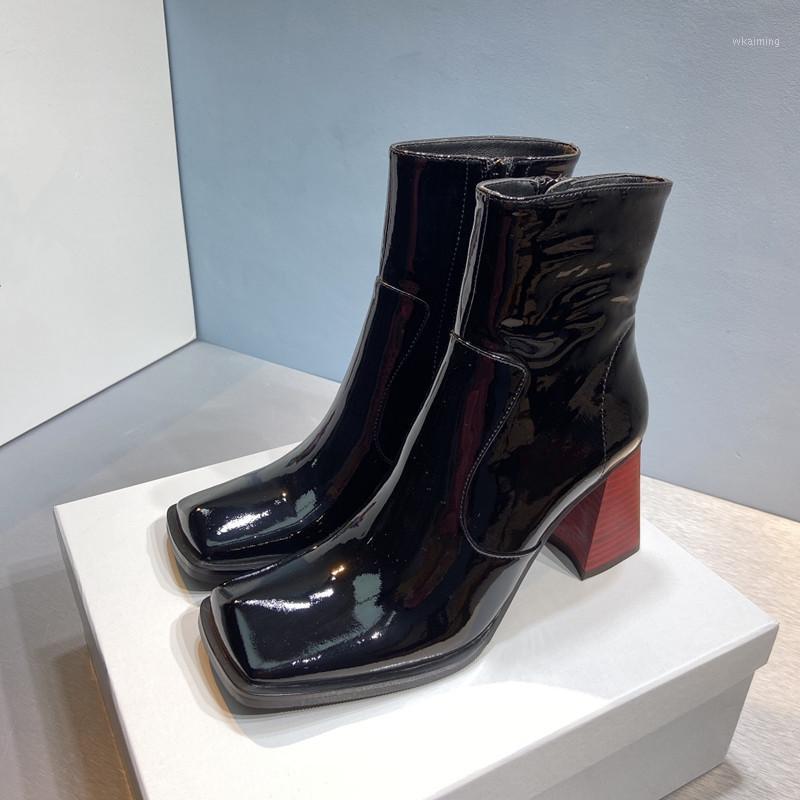 

Winter women's high-heeled boots strange high-heeled square-toed boots black color block thick heel boot1